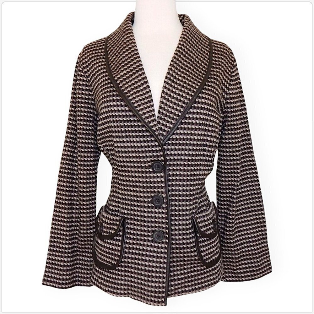 TravelSmith Brown Pattern Print Stretch Sweater Knit Faux Leather Trim Jacket M